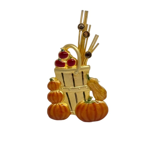 Signed KC Fall Autumn Brooch with Rhinestones Pumpkins Apples in a Basket Squash - Picture 4 of 4